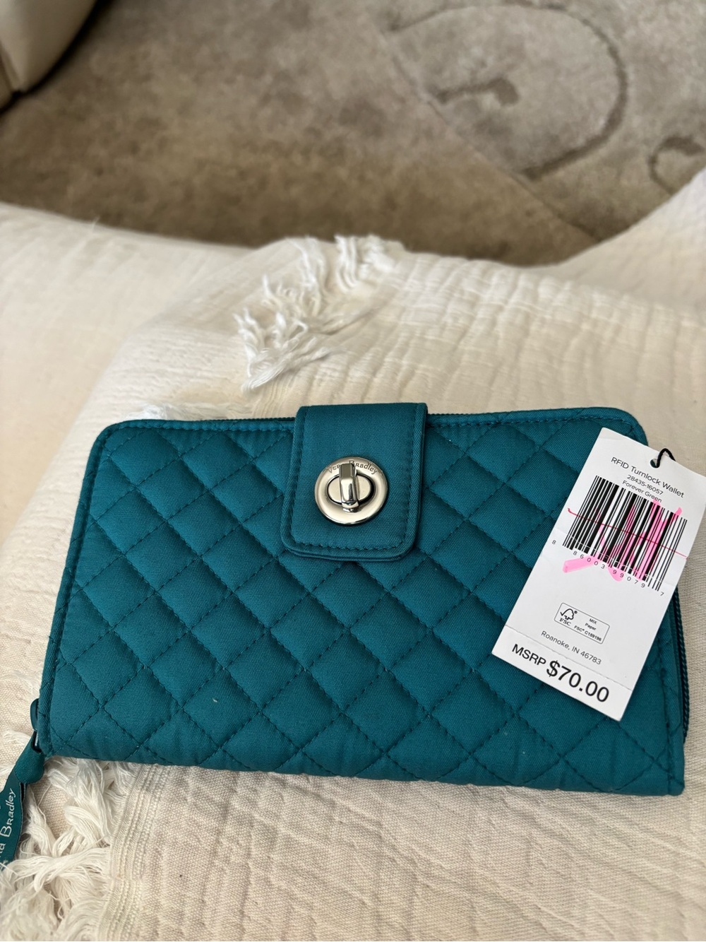 NWT-Vera Bradley-Teal Quilted Zip-Around Wallet with Turnlock Closure RFID Block